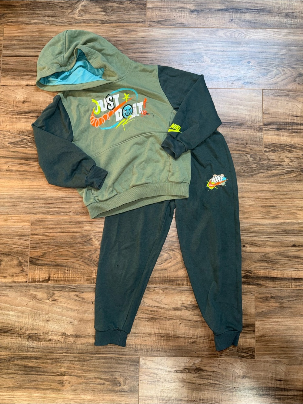 Nike Olive Green & Black Kids' Hoodie and Joggers Set - 'Just Do It' Graphic
